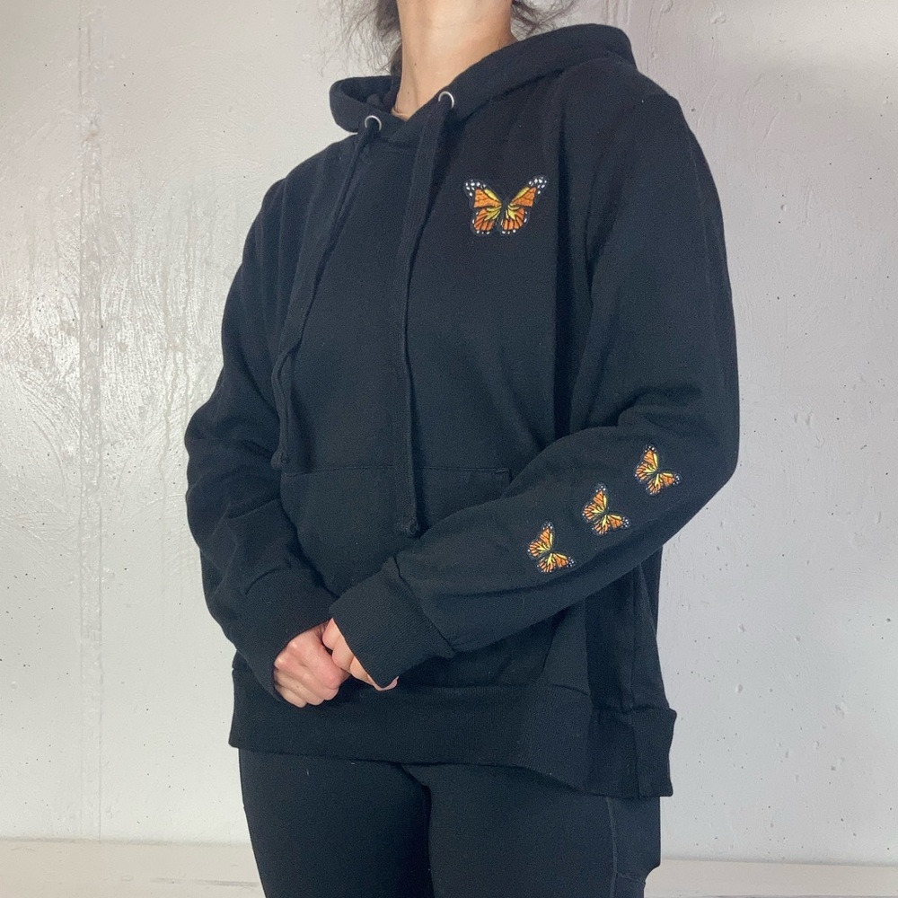 Black Monarch Butterfly Embroidered Hooded Sweatshirt